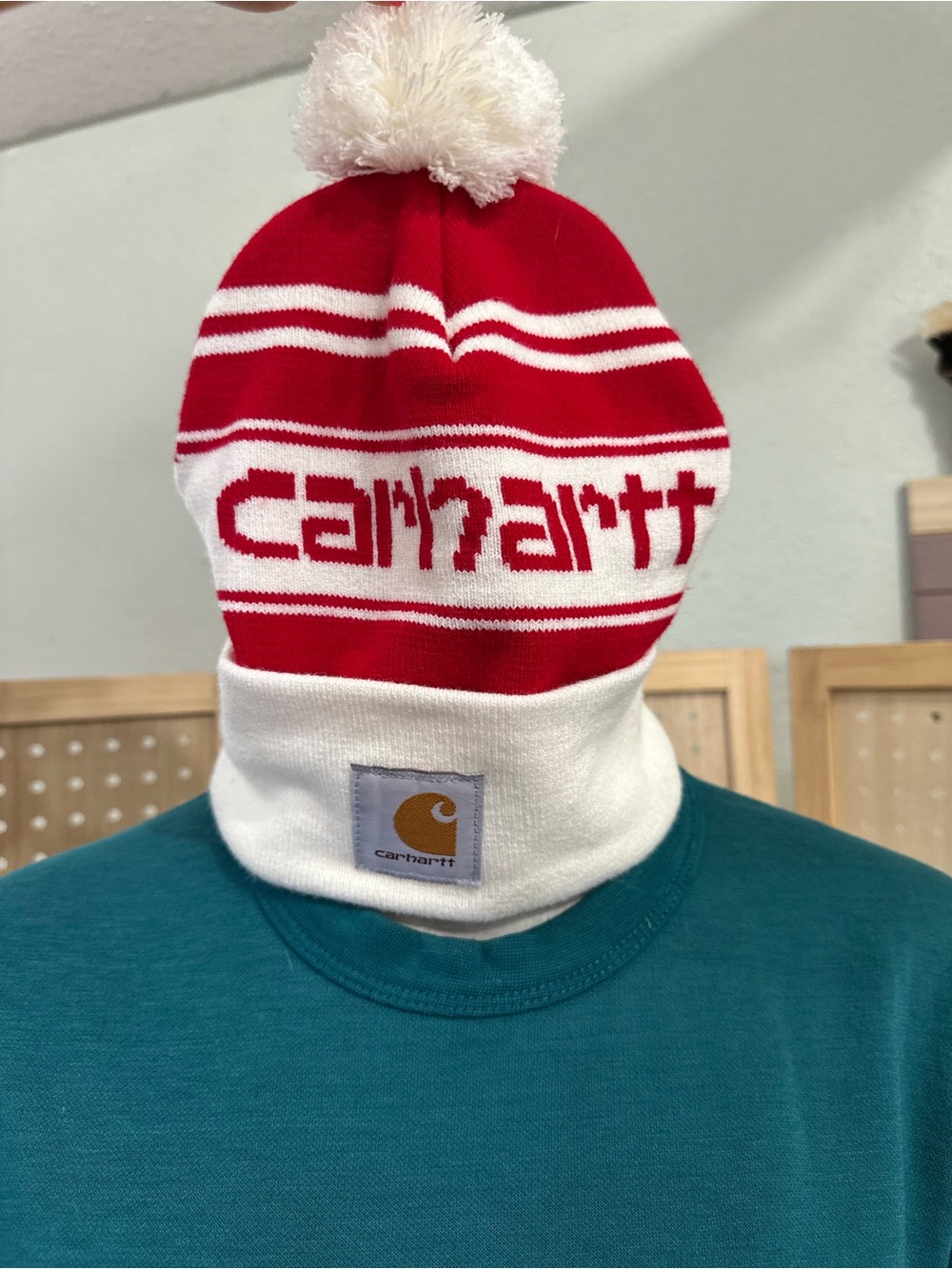 Carhartt Red & White Pom-Top Knit Hat